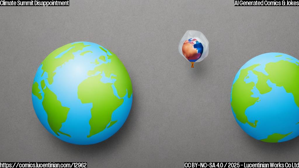 Cartoon image of a deflated balloon shaped like earth, lying on a table next to a crumpled piece of paper that reads "Climate Agreement". The background is a plain light green color.