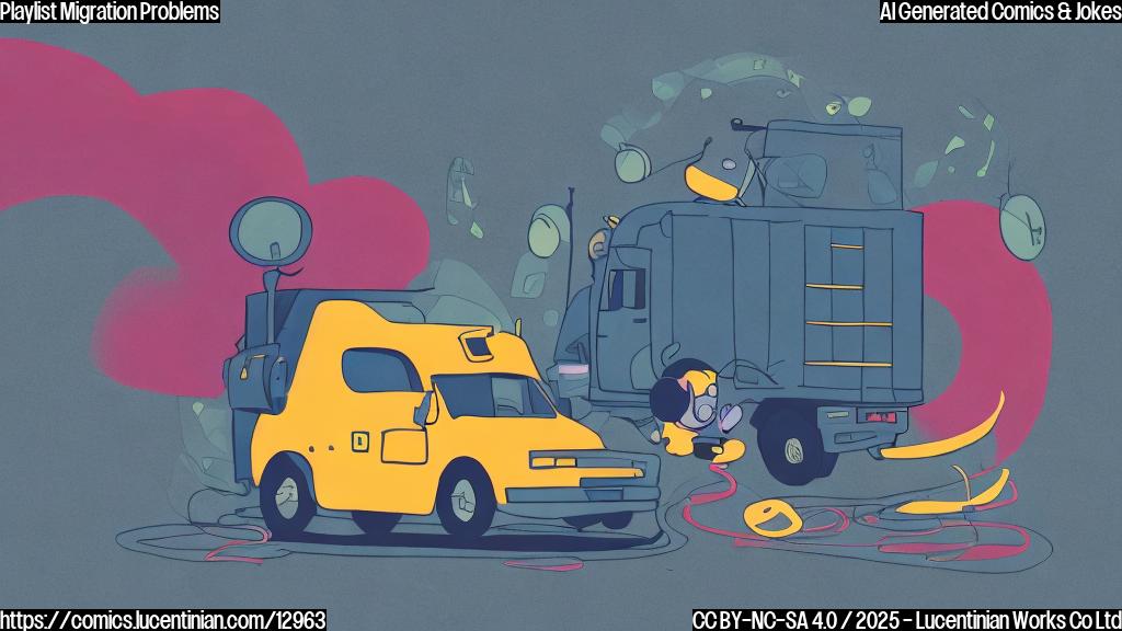 a cartoon image of a sad music playlist icon with headphones, looking dejected next to a moving truck with a Spotify logo on it