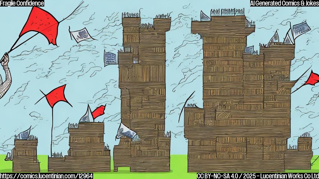 cartoon illustration of a house of cards, with a chart showing declining numbers forming the base, a tiny wind is blowing on it