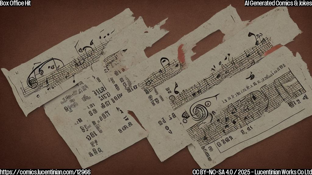 a plain color cartoon style picture of a cinema ticket stub with musical notes floating around it