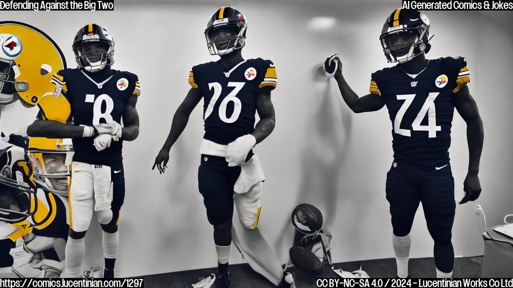 Describe a plain color cartoon style picture of a football player standing in front of a whiteboard with a simple diagram of Lamar Jackson and Derrick Henry's movements. The football player is wearing a Pittsburgh Steelers jersey, holding a ladder, and looking determined.