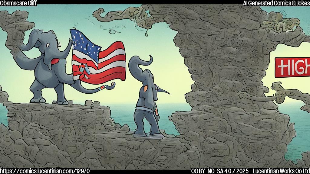 plain color cartoon style drawing of a generic Republican character with elephant ears standing at the edge of a cliff labeled "Obamacare", looking down at a chasm filled with dollar signs and a sign that says "High Premiums"