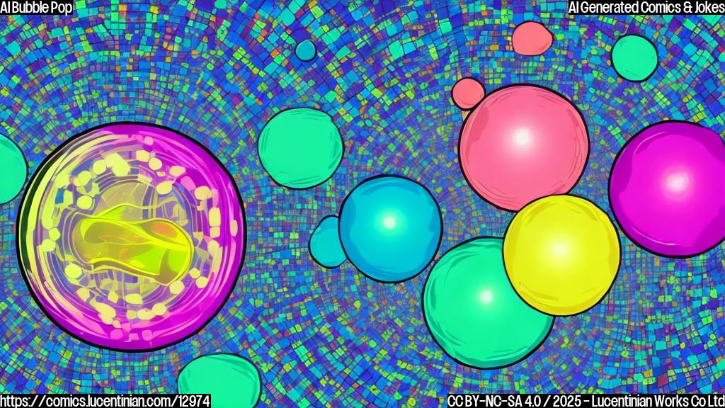 Cartoon image of a large, brightly colored bubble labeled "AI Hype" with lines of code floating inside. The bubble is about to burst, revealing empty wallets and sad faces beneath. Plain color background.
