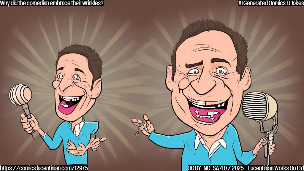 A lighthearted cartoon illustration depicting a comedian with exaggerated wrinkles on their face. The comedian is smiling broadly and holding a microphone. The background is a simple stage with a spotlight. The overall style is plain color, and the image focuses on the comedian's joyful expression.