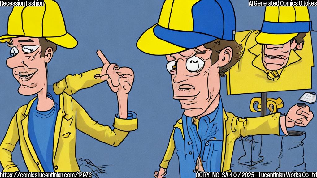 Cartoon style, plain yellow background, a stressed-looking blue suit stands in front of a mirror, looking at a reflection showing seven ugly, mismatched clothing items (one is construction hat, other is trucker cap), looking unhappy and concerned.