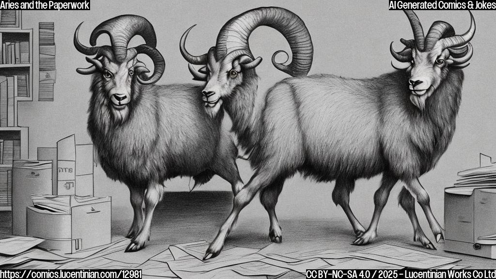 Cartoon style drawing of a ram-like character (Aries symbol) with rolled-up sleeves standing in front of a giant filing cabinet overflowing with papers. The ram looks stressed and confused. The background is a plain light blue.