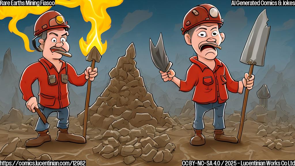 A cartoon depiction of a frustrated miner with a pickaxe standing next to a pile of dirt labeled "Rare Earths," with a disappointed expression. In the background, a stylized dragon is breathing fire onto a factory labeled "China," which is producing magnets. The overall style is simple and colorful.