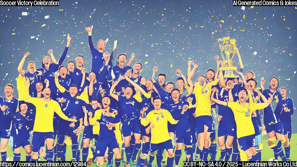 Plain color cartoon style image of a soccer team celebrating a championship win. One player is holding a ladder enthusiastically. The background is a simple stadium outline with confetti falling. Dominant colors should be green for the field and a team color (e.g., blue) for the jerseys.