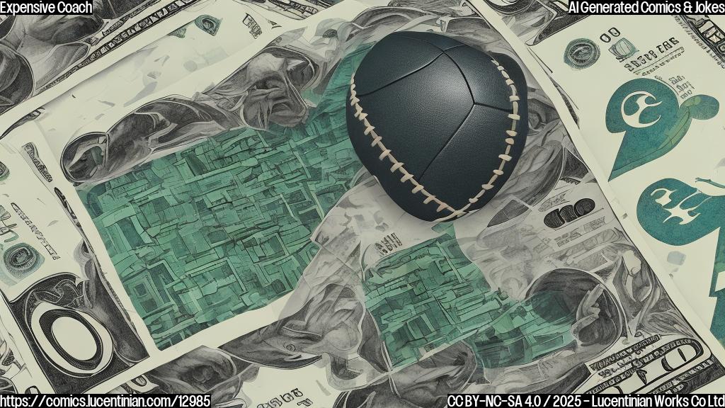 a plain color cartoon style picture of a university building with a dollar sign on top of it, and a football flying away from it.