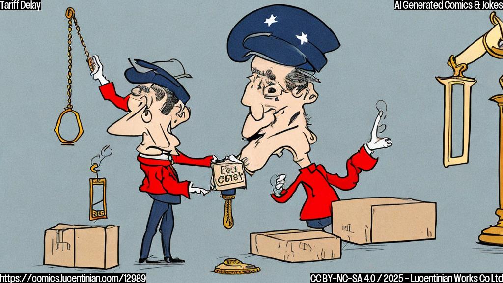 Cartoon of a sad box labeled "Canadian Goods" looking relieved as a gavel labeled "Tariff Increase" is suspended mid-air. The background is a plain light blue.