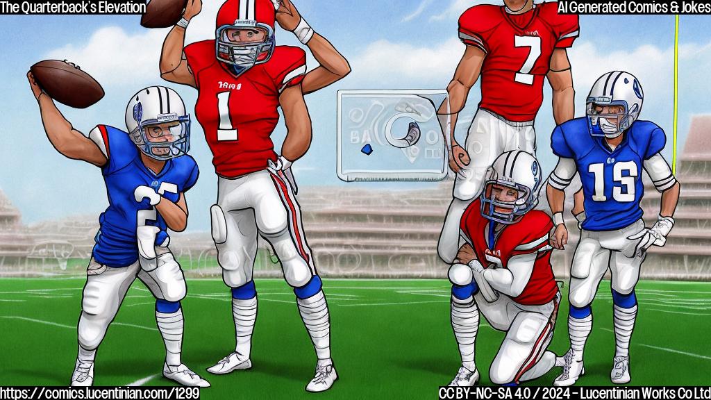Draw a cartoon of a football player in a quarterback position, wearing a helmet and uniform, standing on top of a small ladder that is slightly tilted. The ladder should be positioned in front of the football field, with the goalposts visible in the background. The player's arms should be raised in excitement, with a slight smile on their face.