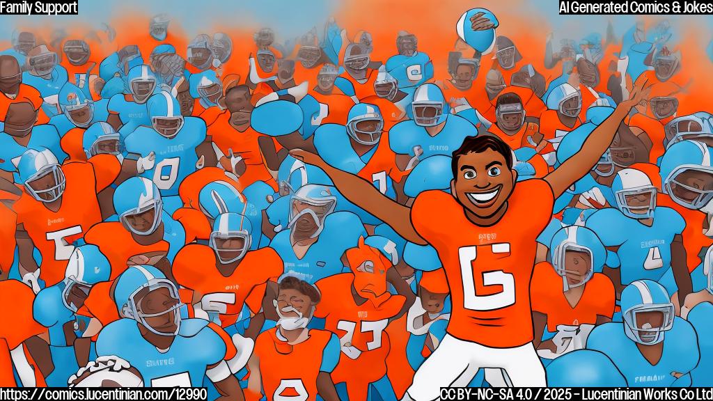 cartoon style, plain background, a football player in brown and orange uniform, smiling and waving, surrounded by a large group of people cheering, the background is in light blue.