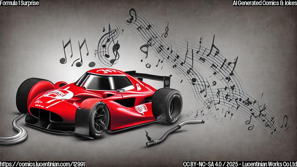 Cartoon of a race car with musical notes coming out of the exhaust pipe, plain background.