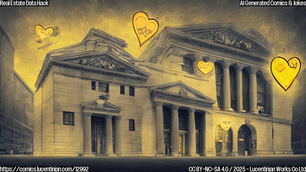 Cartoon style image of a sad Wall Street bank building with a broken heart next to a real estate data storage server with a thief mask on it, both on a plain light yellow background.