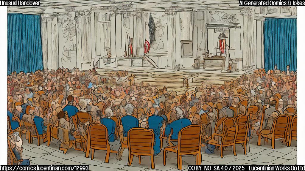 Cartoon of a ceremonial gavel sitting alone on a stage in front of empty chairs, colored in plain bright colors.