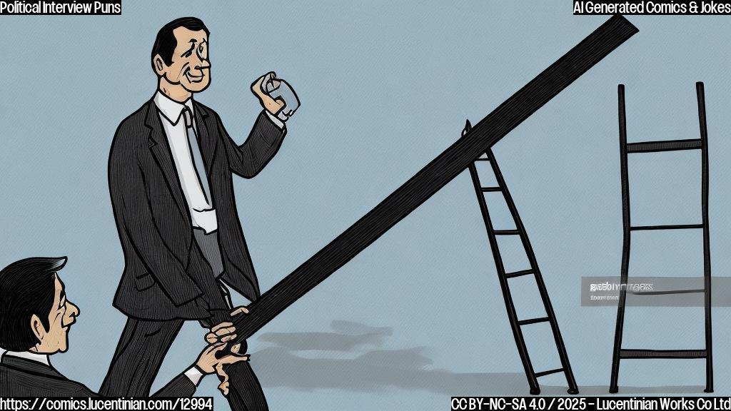 A cartoon style illustration of a news anchor holding a ladder in front of a serious-looking senator. The background is a plain light blue color.