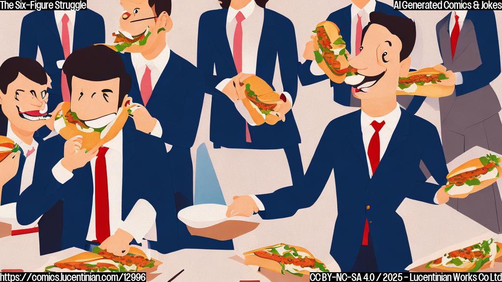 A cartoon image of a person in a suit sadly eating a plain sandwich at their desk, surrounded by coworkers enjoying takeout. The colors should be muted and the style simple.