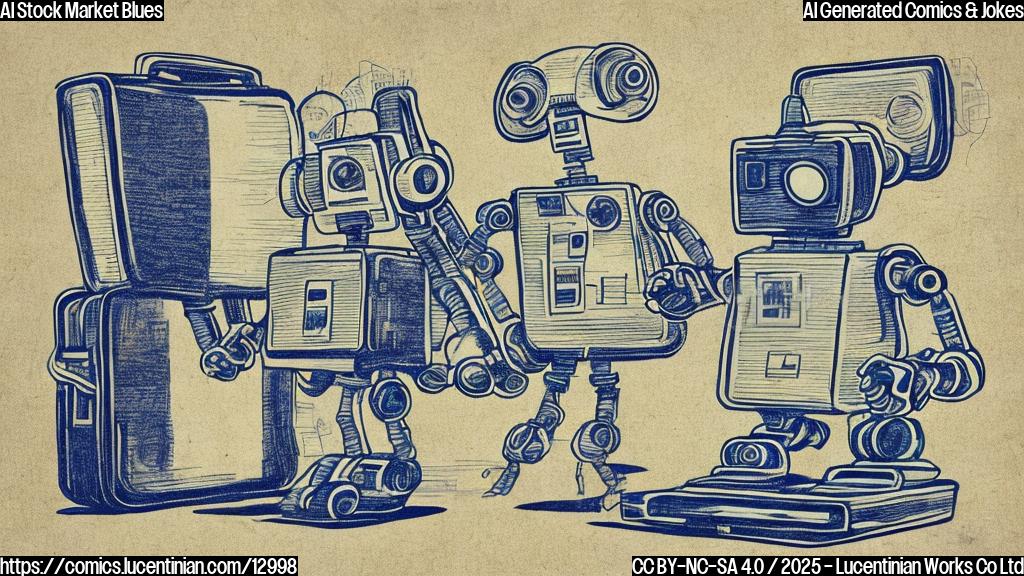 A sad-looking robot with a tiny briefcase stands in front of a downward-pointing stock chart. The background is a simple, flat blue. Cartoon style.