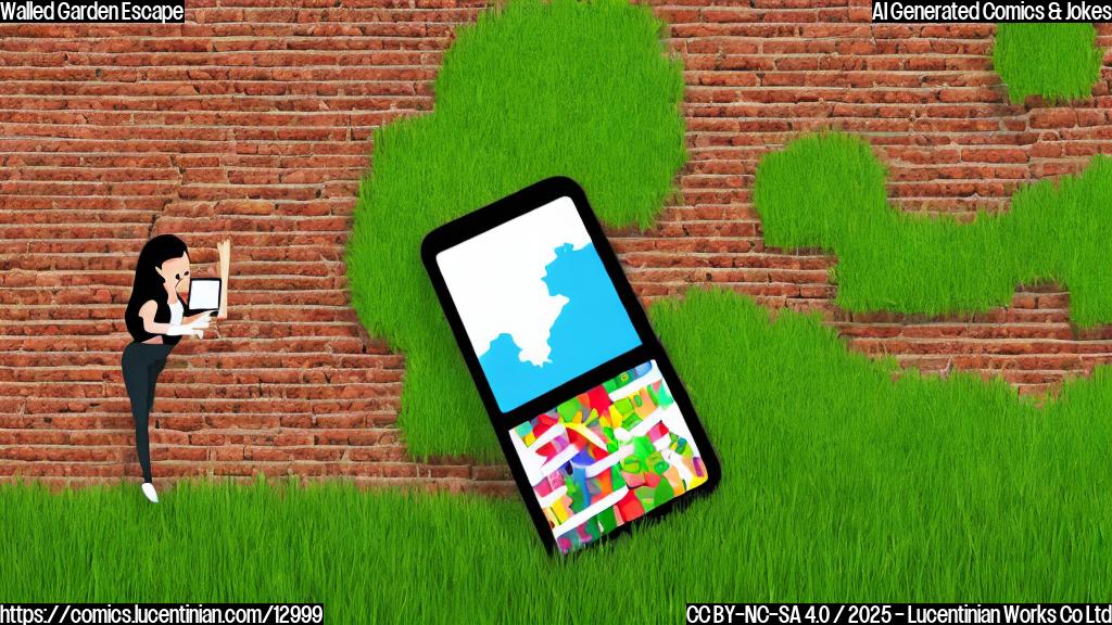 A simple cartoon image of a person with a determined expression, climbing over a tall brick wall covered in apple logos. On the other side of the wall, lush green grass and a giant smartphone with a map app open are visible. The style is plain color, like a children's book illustration.