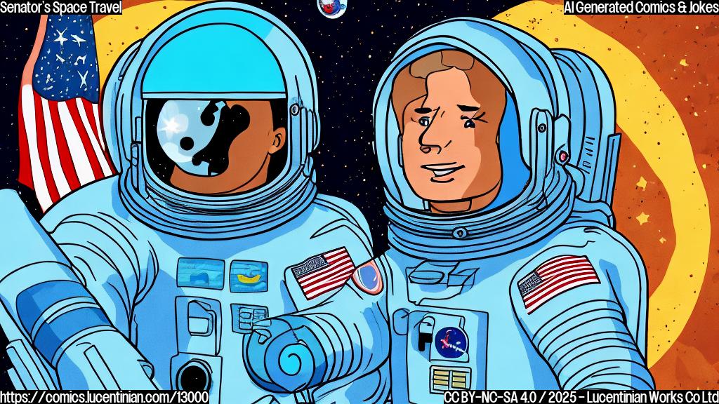 Cartoon style, plain light blue background, an astronaut wearing a dark blue spacesuit with the flag of a southwestern state on his arm patch, floating in space, looking slightly worried, with tiny cartoon planets in the background.