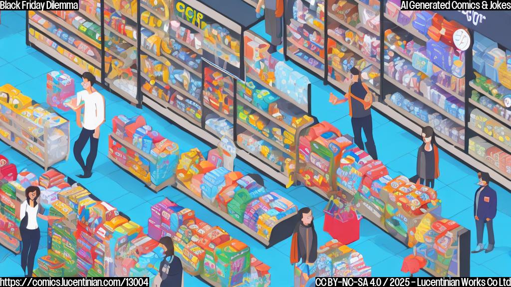 Cartoon drawing of a confused shopper in a store aisle overflowing with tablets. The shopper is surrounded by tablets of various sizes and colors. The background is a plain light blue.