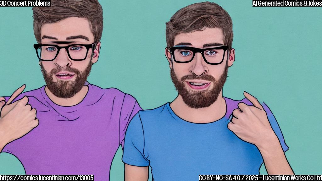 Cartoon drawing of an audience member with oversized 3D glasses looking overwhelmed. Soft pastel colors. Simple background.