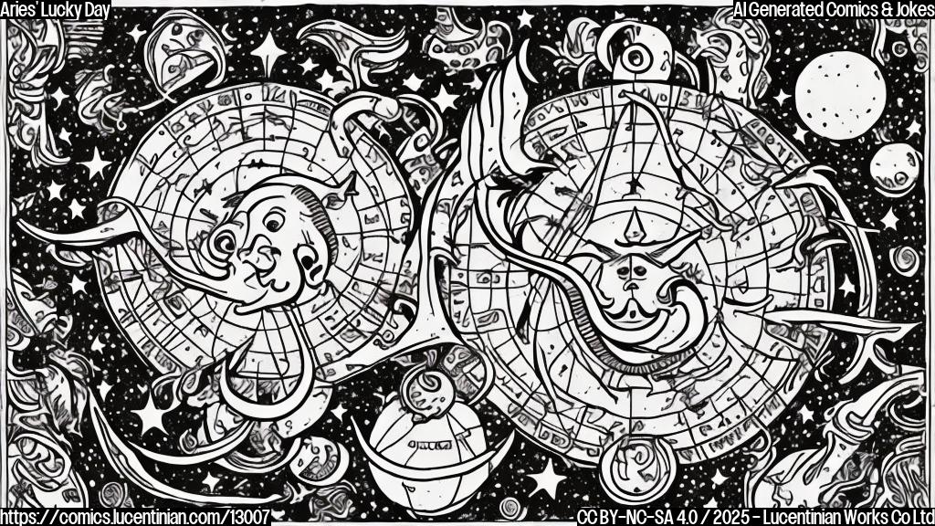 plain color cartoon style, an astrologer with a long beard pointing at a star chart with the moon in Capricorn, a happy person with ram horns holding a lottery ticket