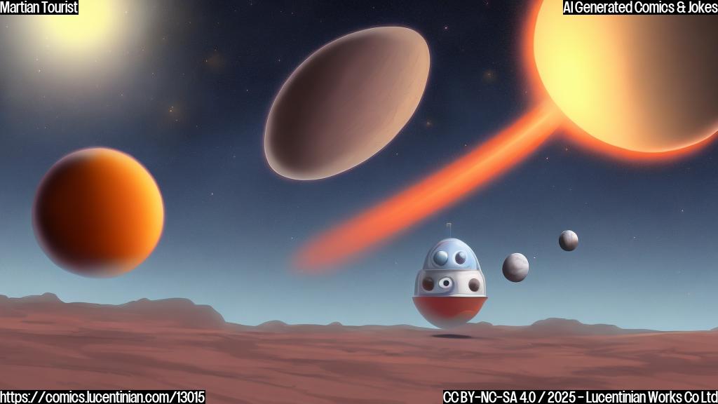 cartoon style, a small, rocky interstellar object with a friendly face waving at a red planet with craters, both floating in dark space with twinkling stars