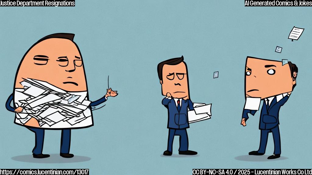 A cartoon stapler wearing a tiny business suit and looking stressed, surrounded by piles of resignation letters. Plain background, solid light blue color.