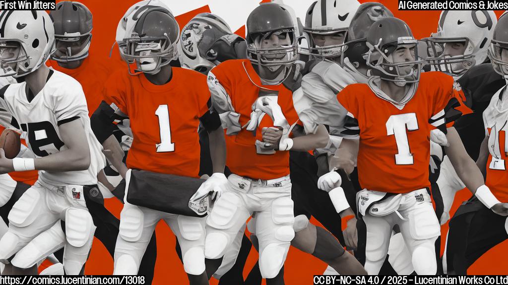 Plain color cartoon style. A very nervous rookie quarterback, wearing a brown and orange uniform, sweating profusely. In front of him, a group of players in silver and black uniforms are menacingly holding lunch bags labeled "Sack."