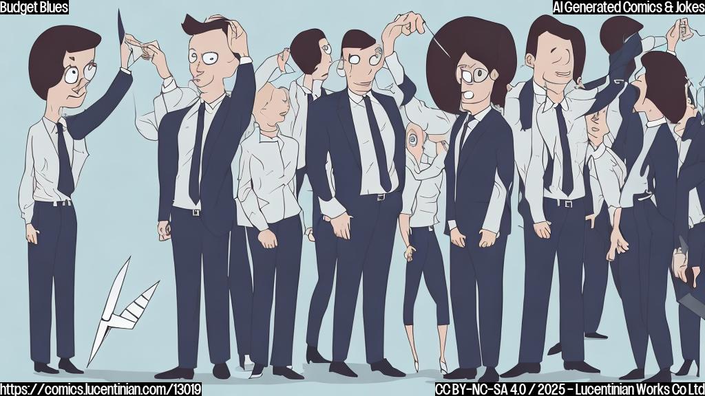 Plain color cartoon style. A group of nervous-looking characters in business suits, some sweating, some biting their nails, all looking anxiously at a large pair of scissors looming over them. The scissors are labeled "Budget Cuts". The background is a simple gradient of light blue to white.