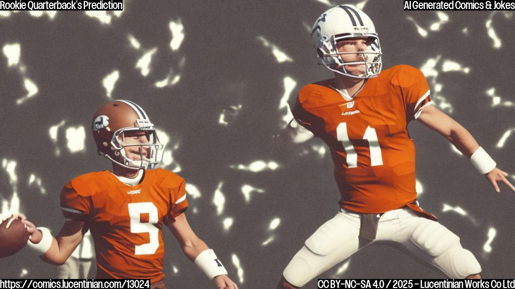 A rookie football quarterback with brown hair and a determined expression is standing on a football field under a bright sky. He is wearing a brown and orange uniform. In the background, blurred shapes suggest a stadium filled with fans. The style is a plain color cartoon.
