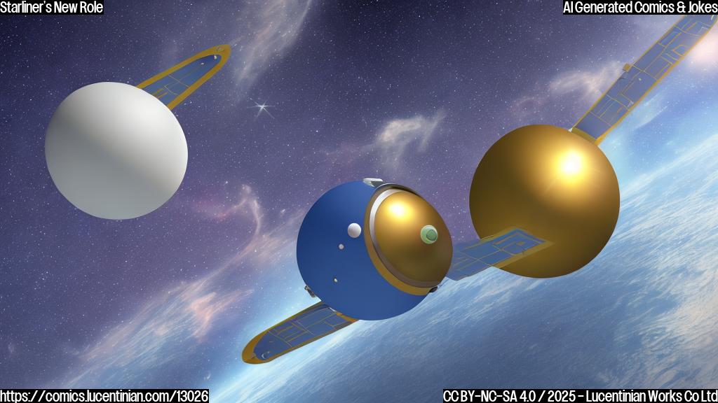 A simple cartoon image showing a slightly sad-looking spacecraft shaped like a gumdrop, labeled "Starliner," carrying a large cardboard box with a question mark on it. The background is a plain blue color.