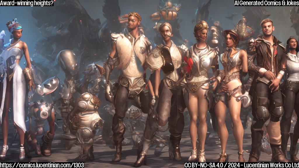 a group of diverse video game characters standing on a pedestal, with some holding awards and others looking up at the host, who is standing on a step stool