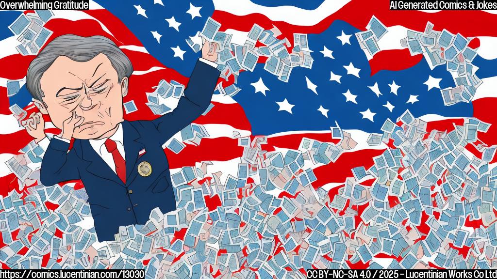 Cartoon style, plain color background, an international relations expert with a pained expression, surrounded by an overwhelming amount of thank you notes addressed to a nation symbolized by stars and stripes, symbolizing gratitude after a regional conflict.