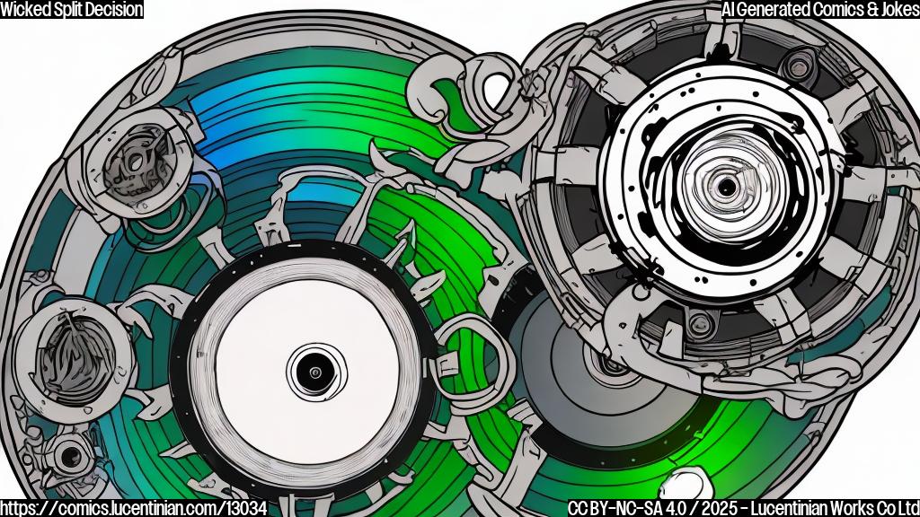 A plain color cartoon style image depicting a film reel splitting into two separate film reels. One reel is green and the other is pale. The film reels are smiling.