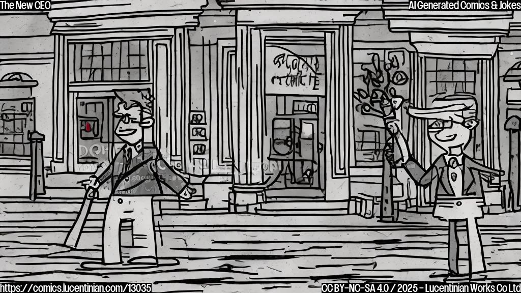 Plain color cartoon style picture of a department store building with a stick figure wearing a business suit standing permanently glued to the front door.