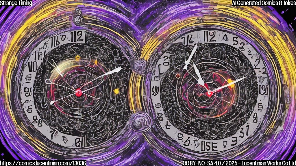 A cartoon-style drawing of a digital clock with a slightly worried expression, standing next to a swirling portal of dark energy. The clock is made of bright red plastic. The portal is shades of purple and black. The background is a plain light yellow.