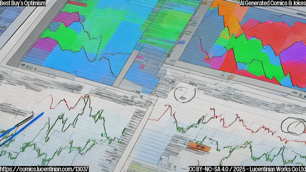 A plain color cartoon style picture of a stock market chart trending upwards, with a shopping cart full of electronics at the bottom of the chart.
