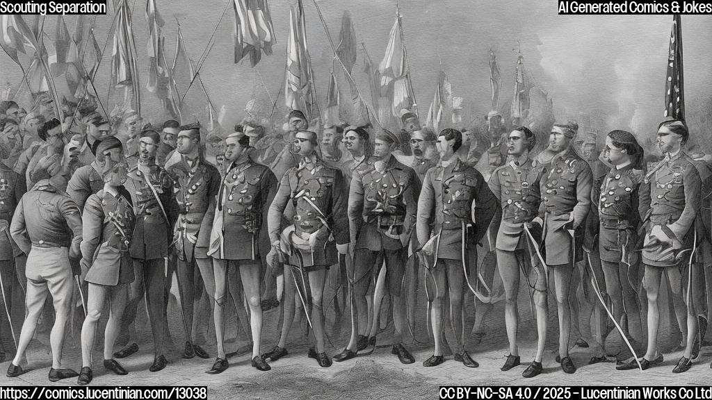 A simple cartoon image. A stern-looking general with a neatly trimmed mustache stands with his arms crossed, looking disapprovingly. In front of him, a group of young people in uniforms are attempting to tie elaborate knots around military vehicles, one is using a signal flag with the text "knot tying merit badge"