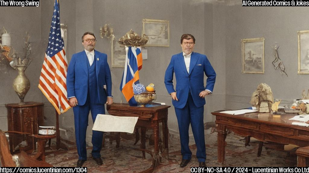 A blue-clad, middle-aged man with a stern expression and a grayish-brown suit is seen sitting behind a large wooden desk. A younger, similarly dressed individual stands before him, holding a long wooden stick with an orange ball attached to the end. The two men are in a formal setting with American flags and Ukrainian flags hanging on the walls.