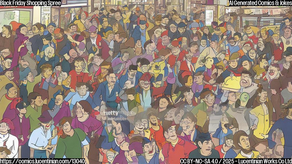 A cartoon style image depicting a crowd of shoppers pushing through a store entrance on Black Friday. One shopper is carrying a comically large ladder, with confused and annoyed expressions on the faces of those around them. The background is a simple plain color.