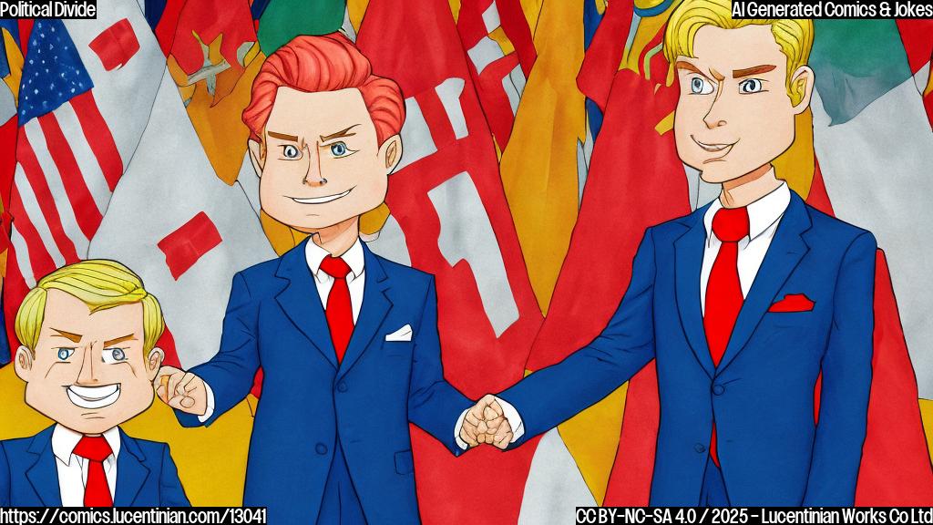 Cartoon of two figures, one dressed in a red tie and business suit with exaggerated blonde hair, embracing another figure in traditional formal wear, on a stage with national flags in the background. The overall style is simple, with plain colors and bold outlines, reminiscent of a political cartoon.