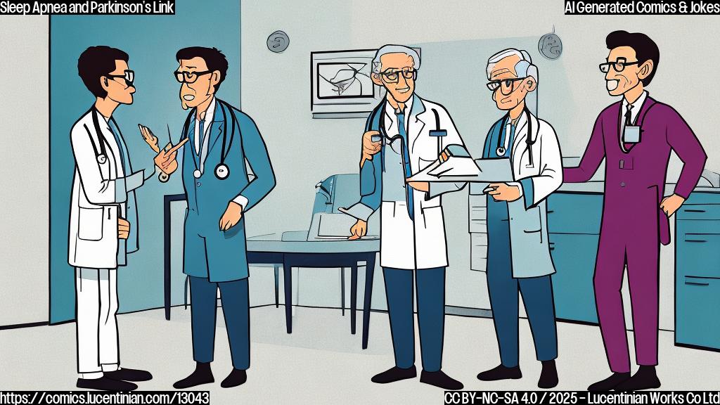 A simplified, cartoon-style illustration. An older doctor with glasses is talking with a younger doctor. The first doctor is holding a file in his hand. Both are standing in a minimalist doctor's office.The office has a white wall. The style is flat and uses pastel colors.