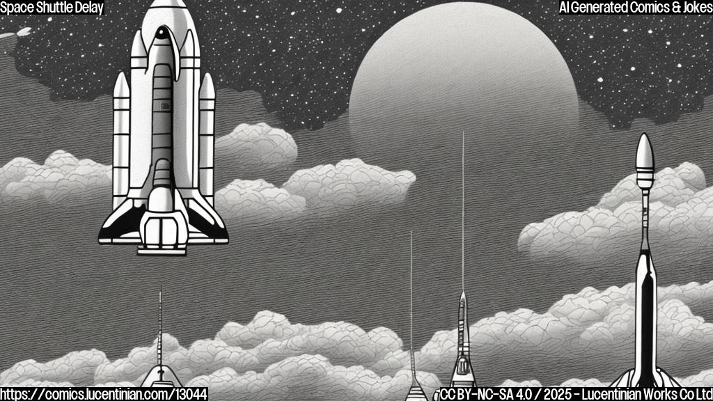 A plain color cartoon style image of a sad-looking space shuttle waiting on a launchpad, with a speech bubble saying "Anyone got a ride to space?"