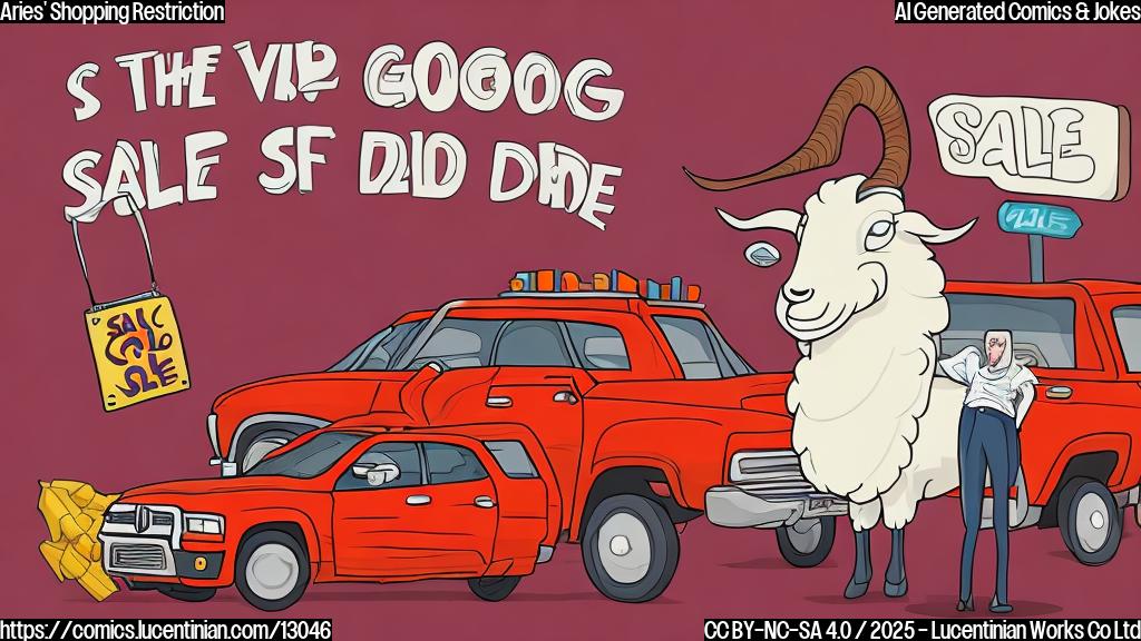 a cartoon style drawing of a ram standing next to a shiny red car with a big "SALE" sign on it. The ram looks conflicted, holding a bag of carrots in one hand and a wallet in the other. A speech bubble above the ram says "But it's such a good deal!" The background is a plain light yellow.