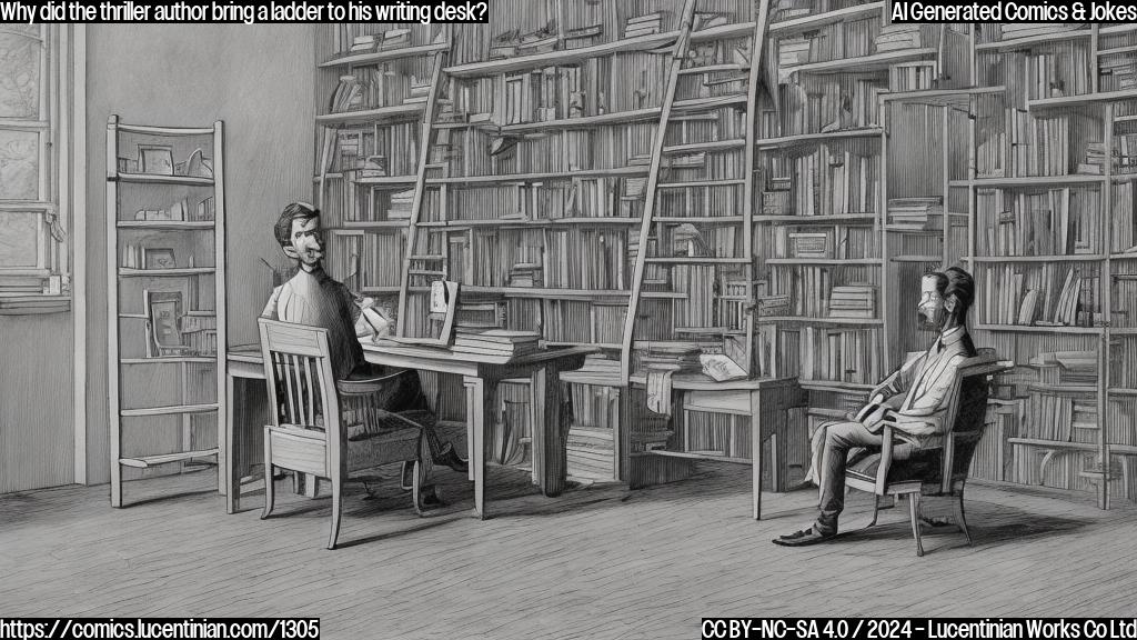 A cartoon style image of a person sitting at a desk, with a large bookshelf in the background and a ladder placed beside their chair, holding a pen and looking worried. The atmosphere should be dimly lit with a hint of thriller-like tension.