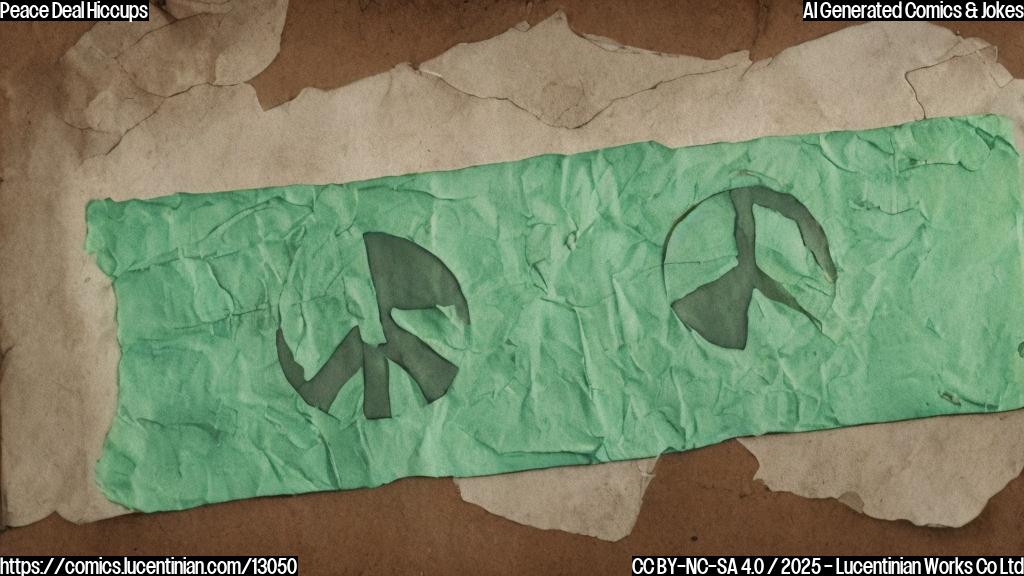 A light green colored cartoon drawing of a wrinkled peace treaty document with a sad face and a tiny iron next to it. The iron has steam coming out.