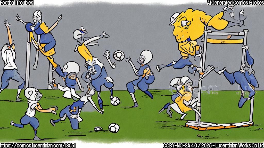 a plain color cartoon style picture showing a football team with a ladder on the field.