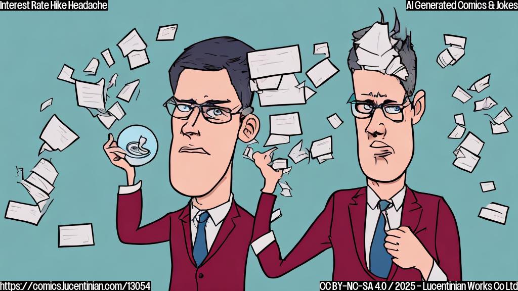 Cartoon drawing, a person with glasses and a suit holding two pills labeled "Rate Hike" and "Rate Cut", looking stressed with a headache. The background is a blurry graph. Plain color style.